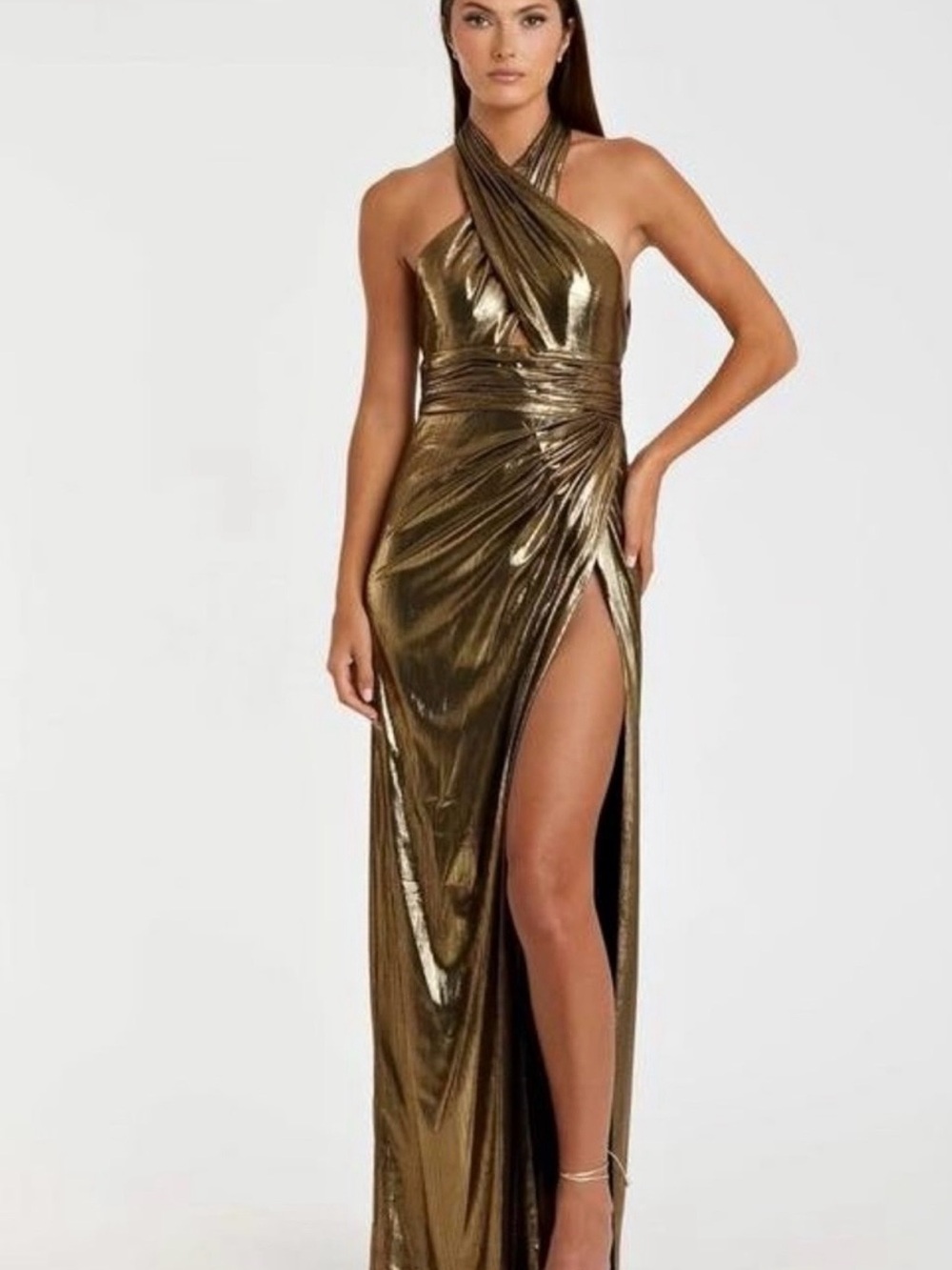 Ieena Mac Duggal Metallic Gold Halter Evening Gown with High Slit